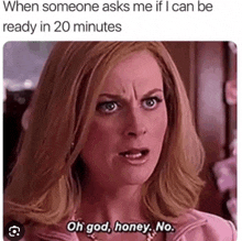 a woman is making a funny face and saying `` oh god , honey . no . ''