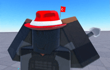 a roblox character wearing a red hat with a white band and a red flag with the letter c on it