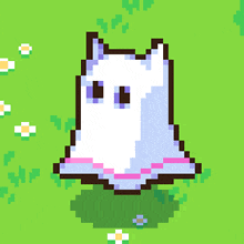 a pixel art drawing of a ghost with a pink skirt