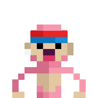 a pixel art of a sock monkey wearing a pink hat and scarf .