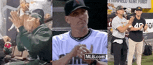 a collage of three pictures of a baseball player clapping his hands .