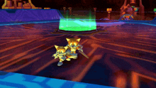 a couple of cartoon characters standing in front of a green light