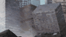 a large building is being demolished in a city in a pixel art style .