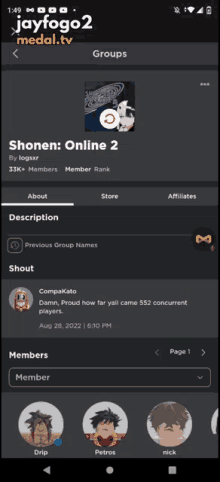 a screenshot of jayfogo2 medal.tv showing a group called shonen online 2