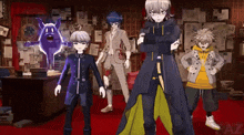 a group of anime characters are standing in a room with a purple monster behind them