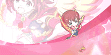 a girl with red hair is holding a sword in a pink background