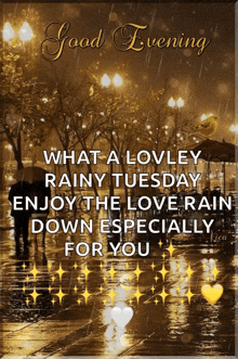 a poster that says good evening what a lovley rainy tuesday enjoy the love rain down especially for you