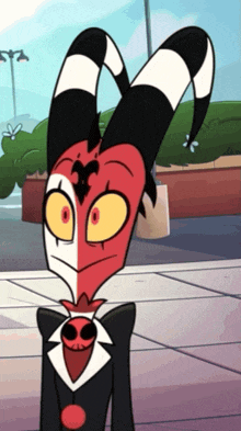 a cartoon character with horns and a skull in his mouth