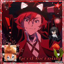 a picture of a man with a cat ear hat and the words good morning on the bottom