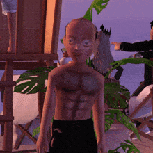 a man without a shirt is standing next to a palm tree