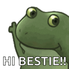 a frog says hi bestie with its hand up