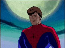 a cartoon of a man in a spider man suit standing in front of a full moon