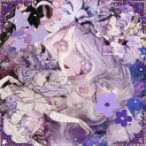 a drawing of a woman with purple hair and flowers in her hair