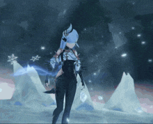 a video game character with blue hair and horns is standing in the snow