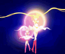 two anime girls are standing next to each other in front of a glowing moon