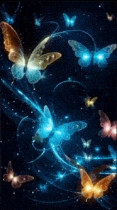 a group of butterflies are flying in the dark