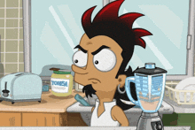 a cartoon character is standing in front of a blender and a jar of yonisa