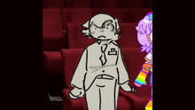 a drawing of a man in a suit standing next to a girl in a rainbow outfit .