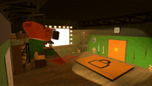 a cartoon drawing of a room with the letter b on a wooden floor