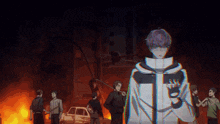 a boy with purple hair is standing in front of a fire