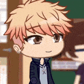 a drawing of a boy with red hair and a black jacket with the letter n on it