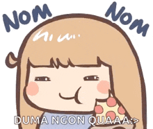 a cartoon of a girl eating a slice of pizza with the words nom nom .