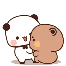 a panda bear is hugging a brown bear .