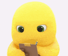 a yellow stuffed animal is holding a clipboard and looking at it