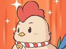 a cartoon chicken with a bell around its neck giving a peace sign