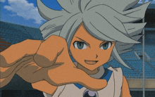 a cartoon character with white hair and blue eyes is pointing at the camera