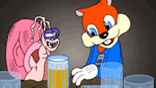 a cartoon of a squirrel and a snail sitting at a table with glasses of beer