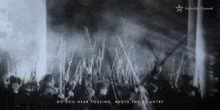 a black and white photo with the words do you hear tossing above the country on it
