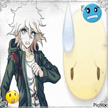 a picture of a boy with a yellow smiley face next to a blue smiley face that says picmix on the bottom
