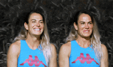 a woman wearing a blue kappa shirt smiles and cries