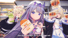 a girl with purple hair is holding a sandwich that says tpp on it
