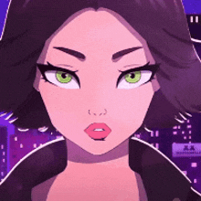 a close up of a girl 's face with green eyes and pink lips