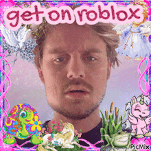 a picture of a man with the words get on roblox on the top