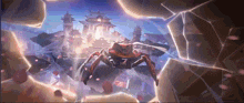 a crab is crawling through a cave with a castle in the background .