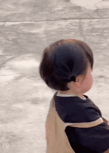 a little girl is standing on a sidewalk wearing a black shirt and an apron .