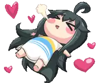 a pixel art drawing of a girl with long hair and hearts around her