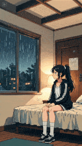 a pixel art drawing of a girl sitting on a bed looking out a window