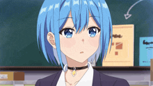 a girl with blue hair is wearing a choker and a jacket