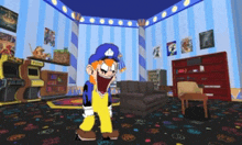 a cartoon character is standing in a living room with a couch and arcade machines