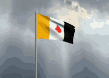 a yellow black and white flag with a red circle on it