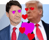 a man in a suit and tie is standing next to a man in a suit and tie with hearts in his eyes .