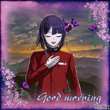 a picture of a girl with purple hair and the words " good morning "