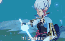 a video game character holding a sword with the words hi bones below her