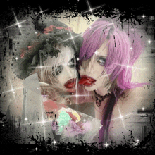 a picture of a girl with purple hair and a girl with white hair holding a cupcake
