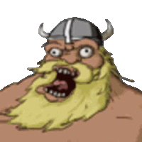 a cartoon of a man with a beard wearing a helmet with horns