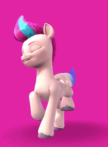 a white pony with a pink and blue mane